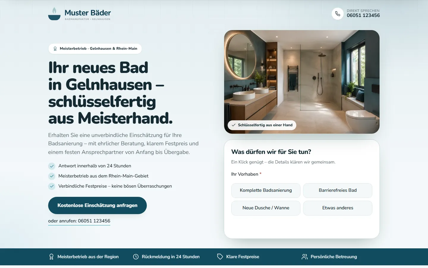Beispiel-Landingpage Badsanierung – Desktop-Ansicht mit Anfrage-Formular