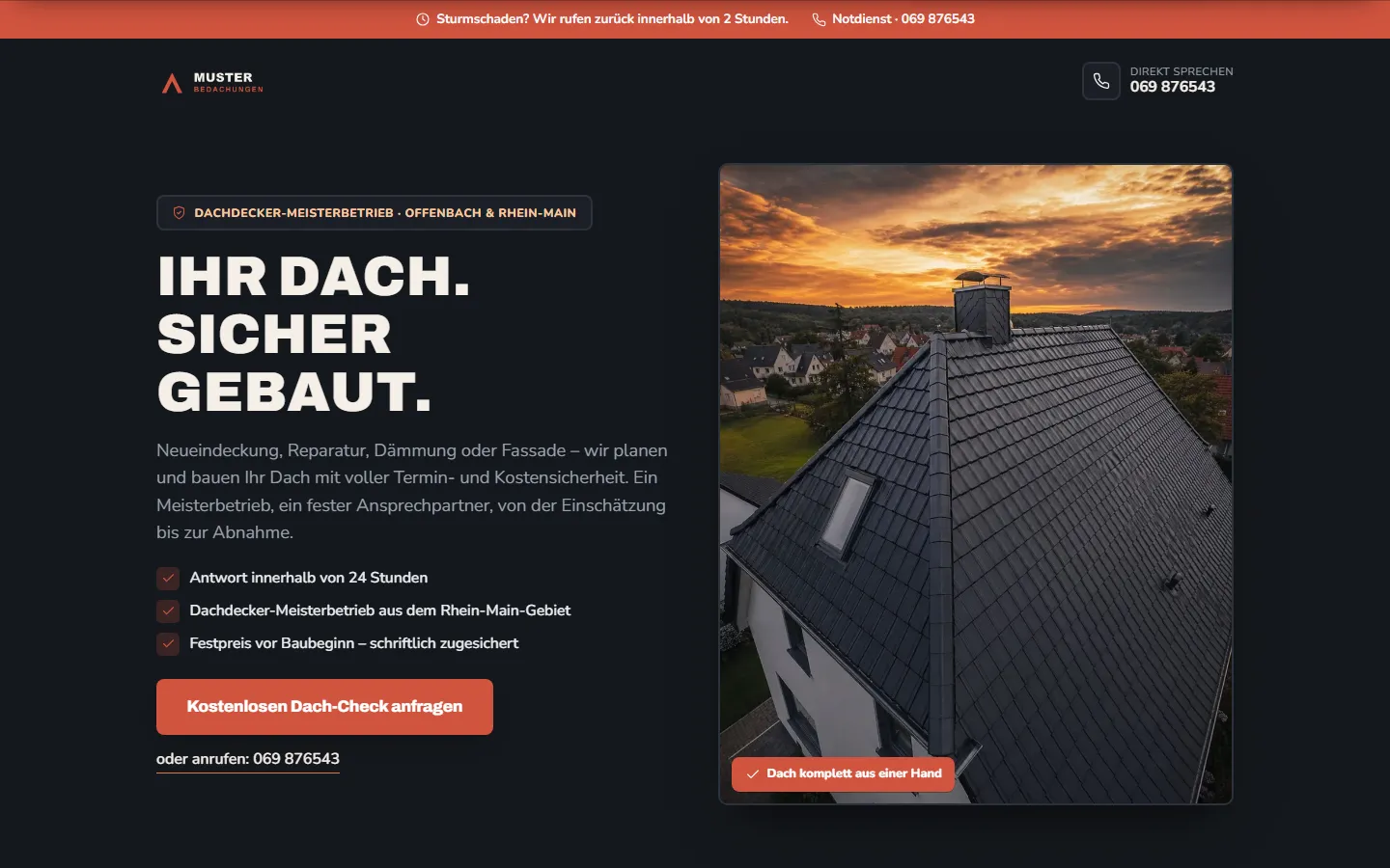 Beispiel-Landingpage Dach & Fassade – Desktop-Ansicht mit Anfrage-Formular