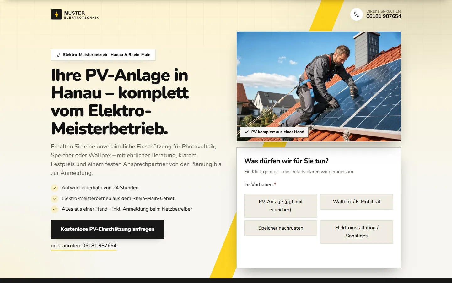 Beispiel-Landingpage Photovoltaik & Elektro – Desktop-Ansicht mit Anfrage-Formular