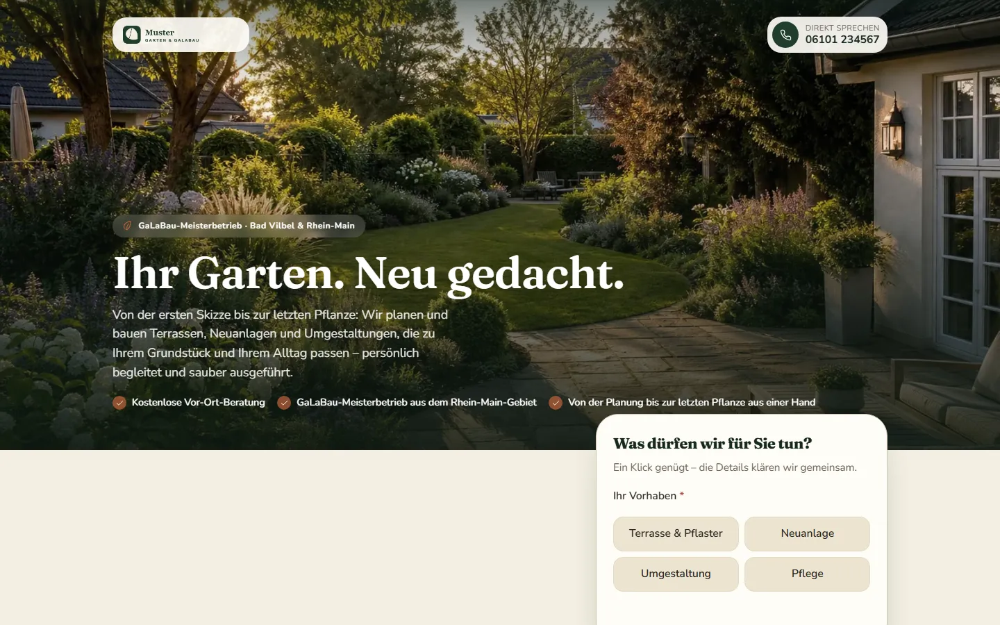 Beispiel-Landingpage Garten- & Landschaftsbau – Desktop-Ansicht mit Anfrage-Formular