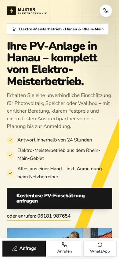 Beispiel-Landingpage Photovoltaik & Elektro – mobile Ansicht