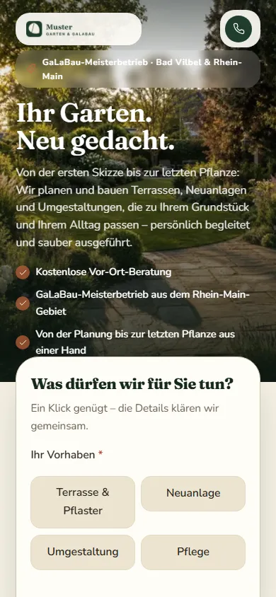Beispiel-Landingpage Garten- & Landschaftsbau – mobile Ansicht