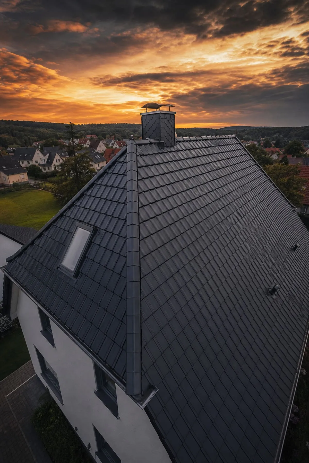 Drohnenaufnahme eines frisch eingedeckten Steildachs im Abendlicht
