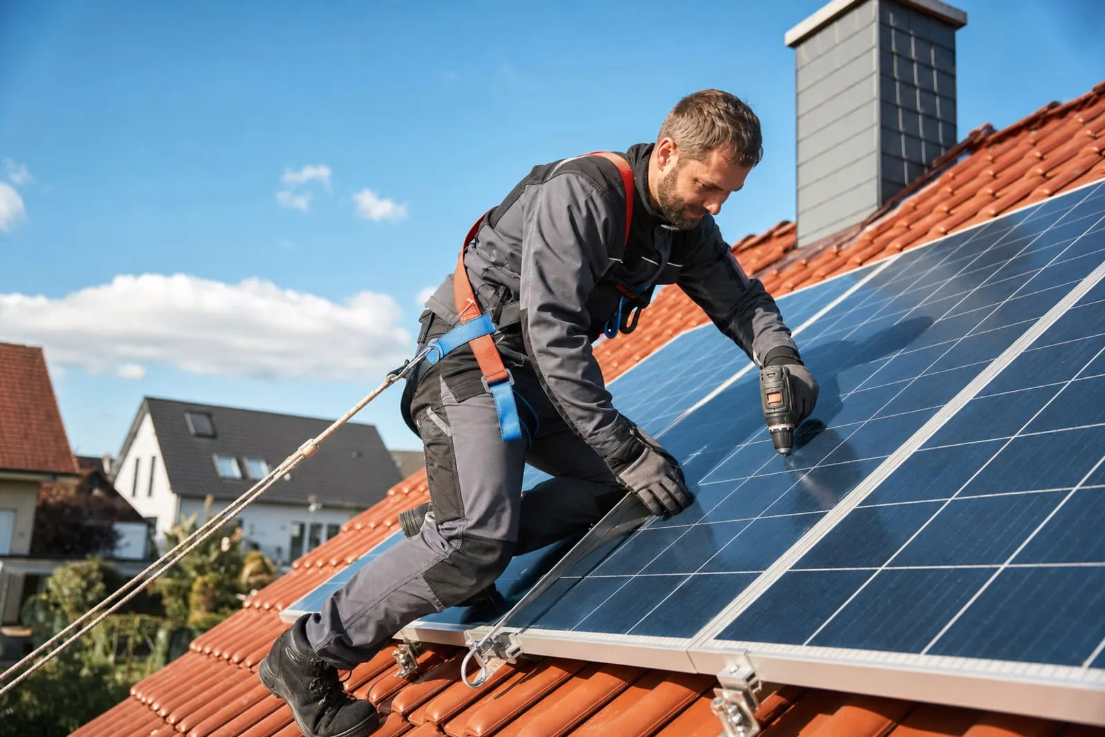 Elektro-Monteur installiert Photovoltaik-Module auf einem Hausdach – Referenzprojekt