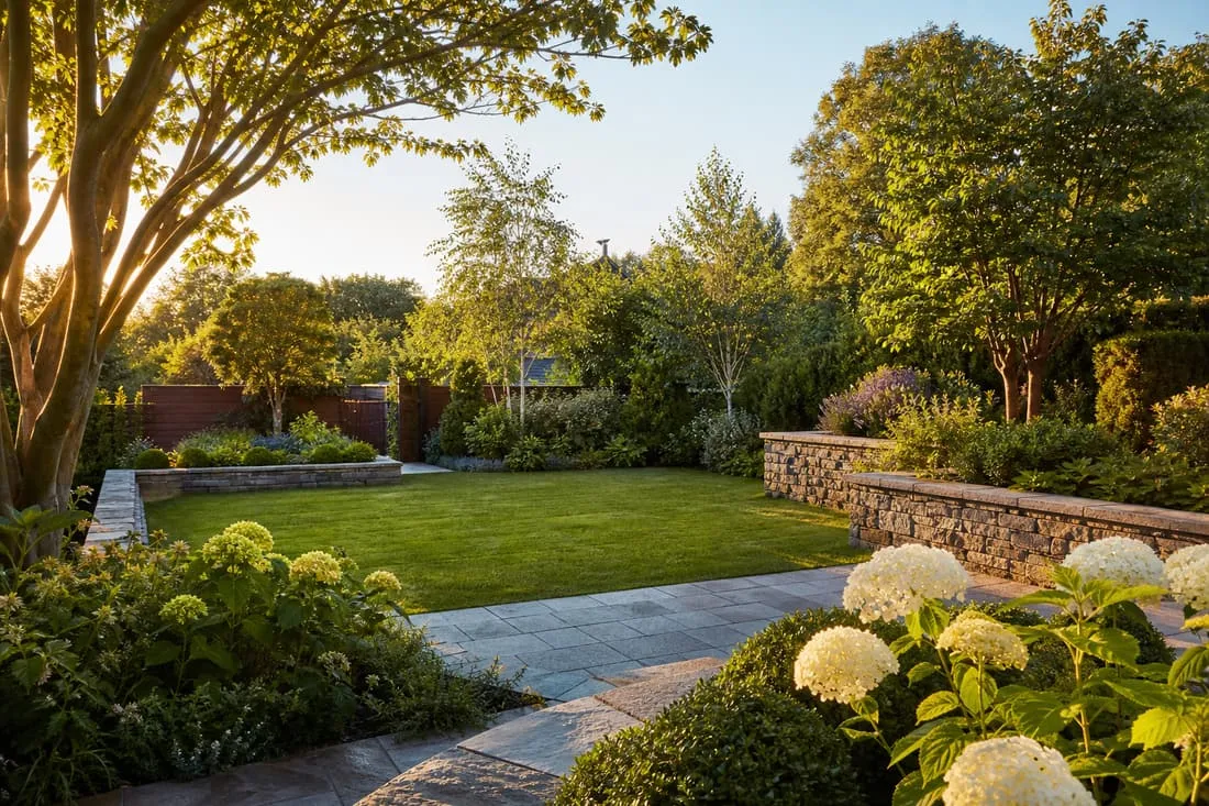 Frisch angelegter Garten mit neuem Rasen