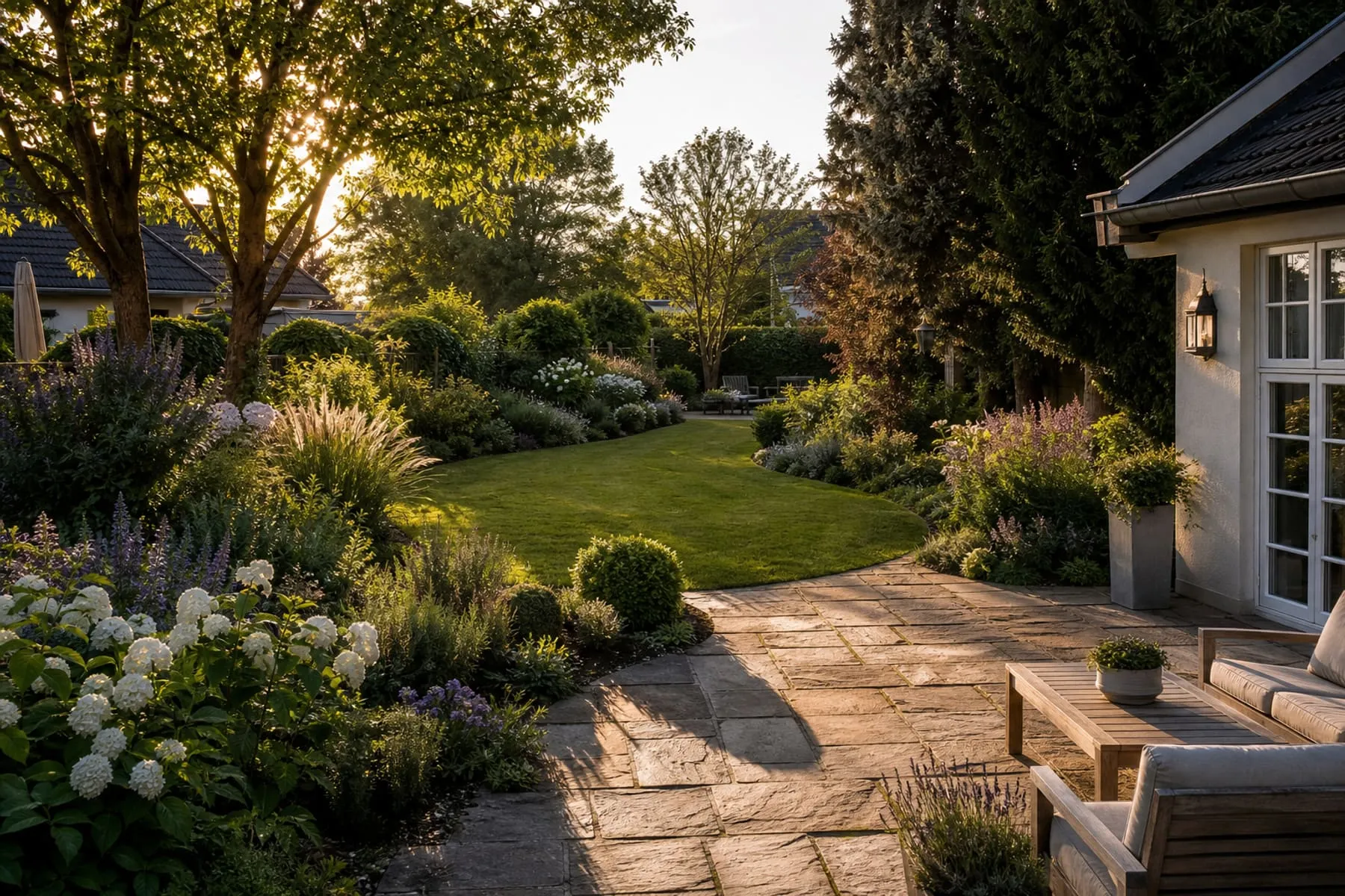 Liebevoll angelegte Gartenterrasse mit Natursteinpflaster im goldenen Nachmittagslicht